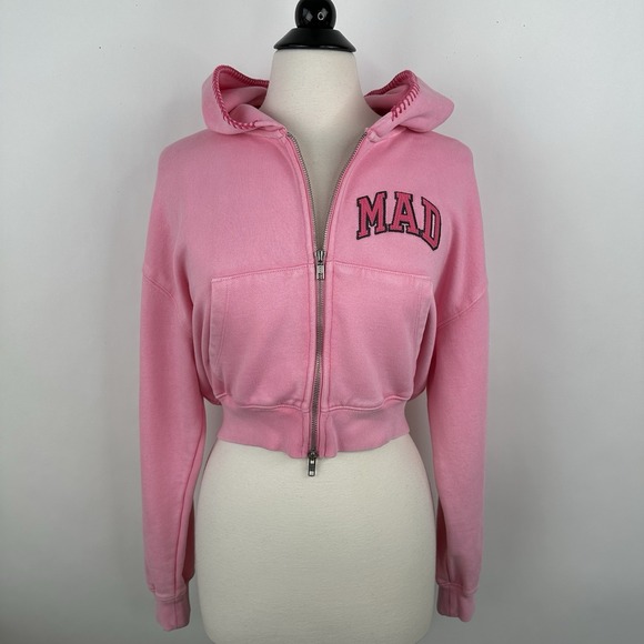 NWT GAP MadHappy Full Zip Crop Hoodie Sweatshirt MEDIUM Pink Embroidered Logo - Picture 4 of 16